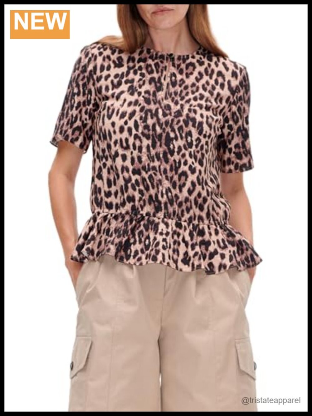 Short Sleeve Blouse Button Keyhole Ruffle Viscose Blend
